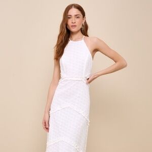 Lulus Perfectly Serene White Eyelet Ruffled Tie-back Midi Dress - Size M